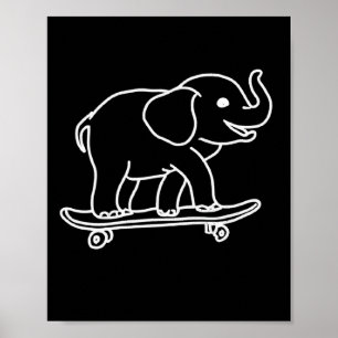 Elephant Skateboarding Outline Line Drawing Skater Poster