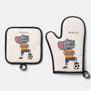 Elephant soccer player cartoon illustration oven mitt & pot holder set