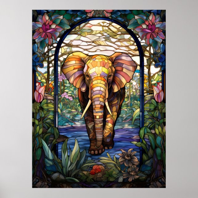 Elephant Stained Glass Window Design Poster (Front)