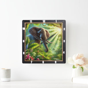Elephant Standing Amidst Lush Jungle Foliage Square Wall Clock