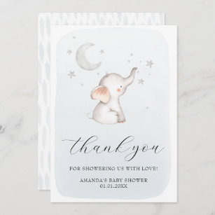Elephant Stars Moon Dusty Blue Boy Baby Shower Thank You Card