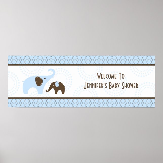 Elephant Stitch Blue Baby Shower Banner Poster (Front)