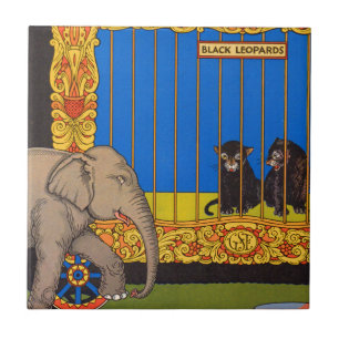 elephant strolling past the black leopards cage tile