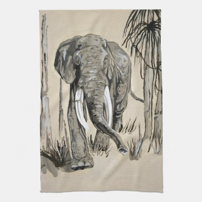 Elephant Strolling Through Wooded Savanna Art Tea Towel (Vertical)