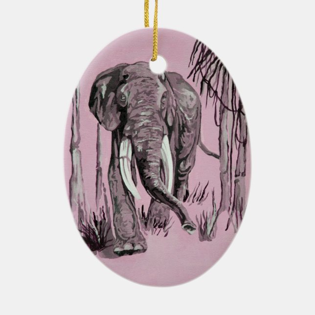 Elephant Strolling Through Wooded Savanna In Pink  Ceramic Tree Decoration (Back)