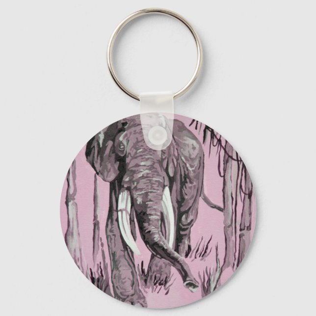 Elephant Strolling Through Wooded Savanna In Pink  Key Ring (Front)