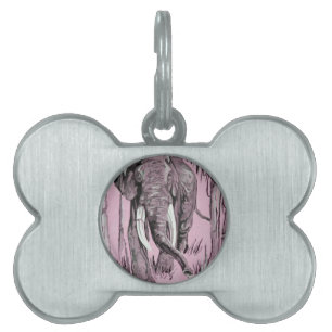 Elephant Strolling Through Wooded Savanna In Pink Pet Name Tag