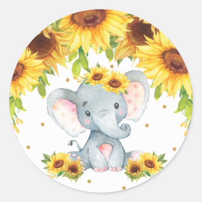 Elephant Sunflower Baby Shower Birthday Favour  Classic Round Sticker (Front)