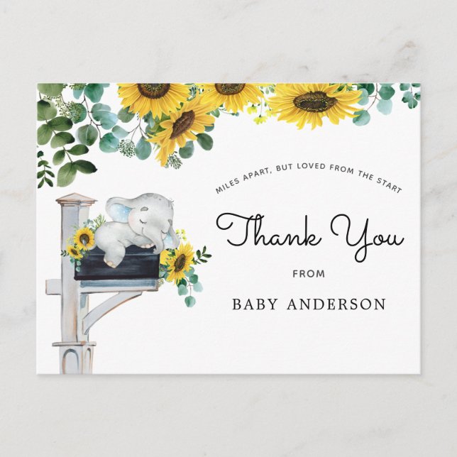 Elephant Sunflower Baby Shower by Mail Thank You Postcard (Front)