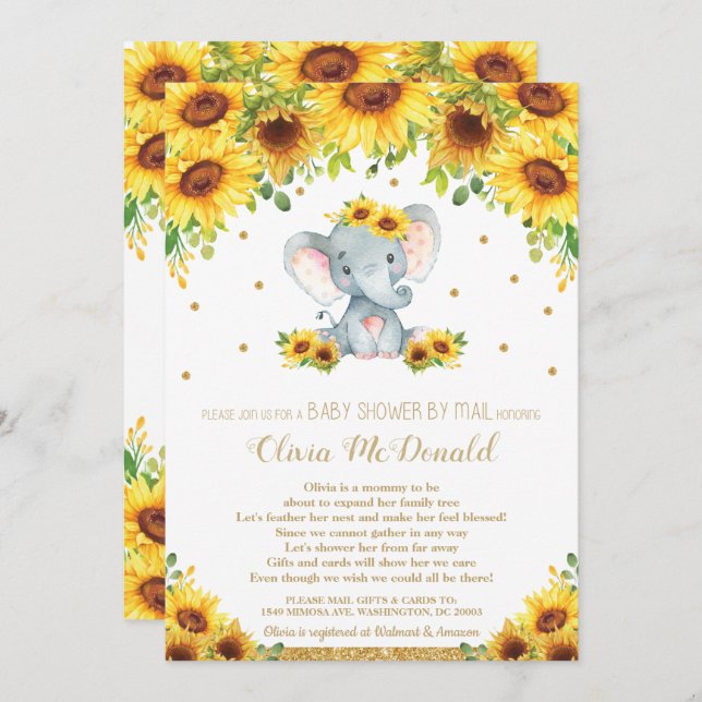 Elephant Sunflower Floral Baby Shower by Mail Girl Invitation (Front/Back)
