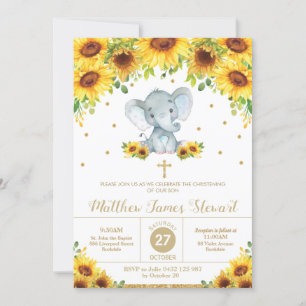 Elephant Sunflower Floral Christening Baptism Boy Invitation