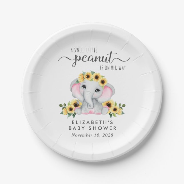 Elephant Sunflowers Baby Girl Shower Paper Plate (Front)