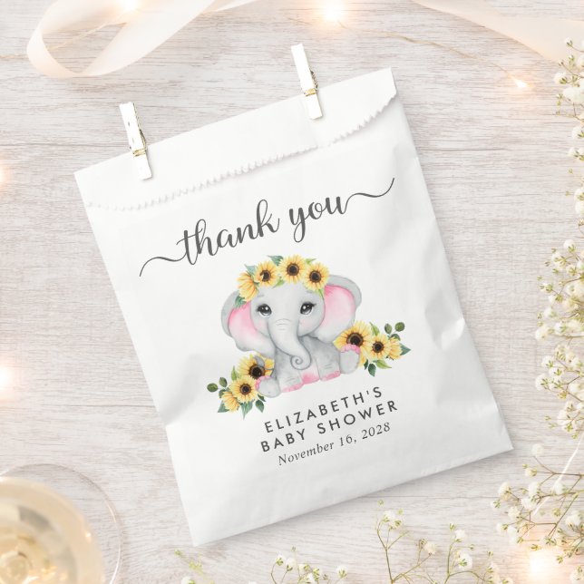 Elephant Sunflowers Baby Girl Shower Thank You Favour Bag (Clipped)