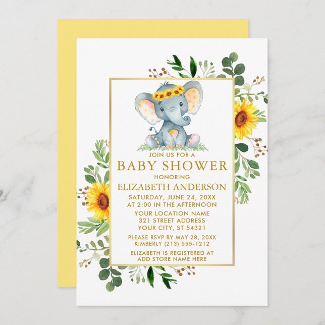 Elephant Sunflowers Greenery Baby Shower Gold Invitation (Front/Back)