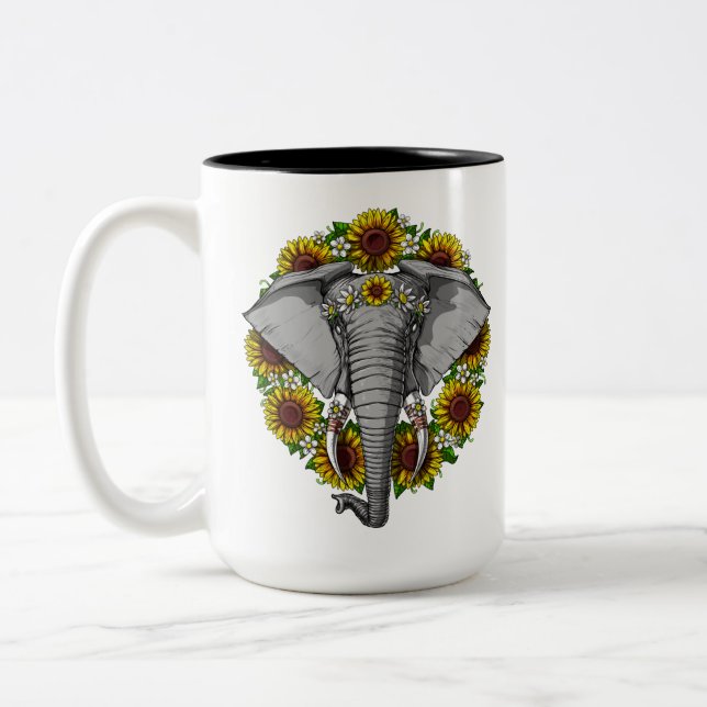Elephant Sunflowers Two-Tone Coffee Mug (Left)