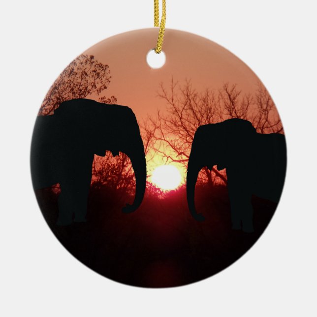 Elephant Sunset Silhouette Ceramic Ornament (Front)
