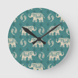 Elephant Teal Caravan Pattern Round Clock