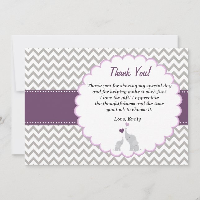 Elephant Thank You Card Baby Girl Shower Purple (Front)