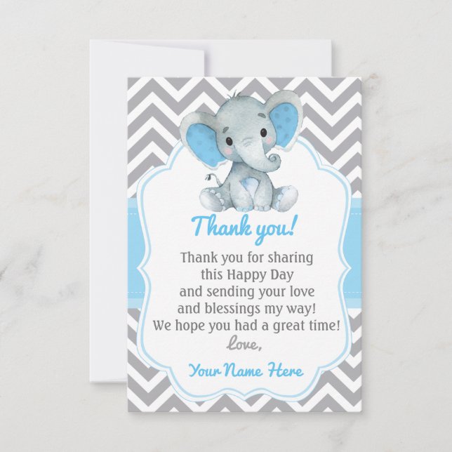 Elephant Thank You Card Blue Grey Chevron Boy (Front)