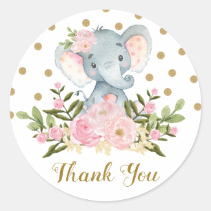 Elephant Thank You Favor Sticker Pink Floral Tag