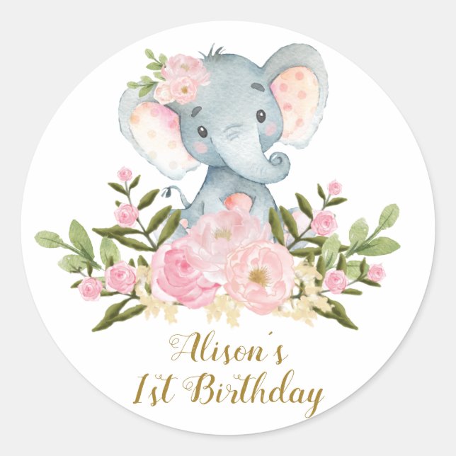Elephant Thank You Sticker Floral Birthday Favors (Front)
