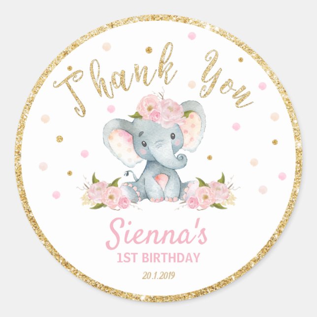 Elephant Thank You Sticker Labels Birthday Favors (Front)