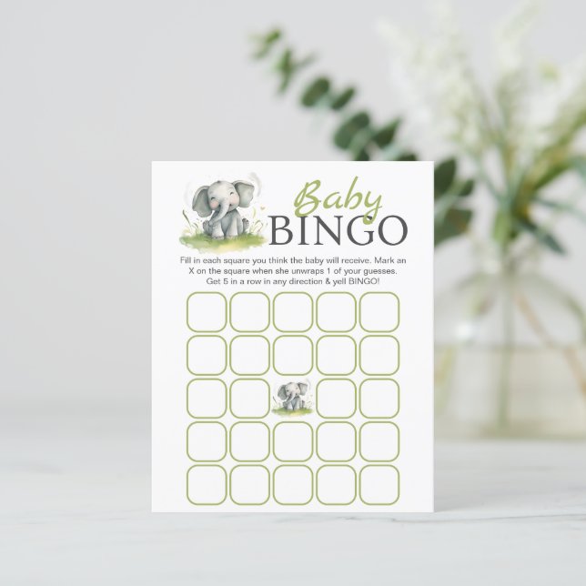 Elephant Themed Baby Shower Bingo Paper Sheet (Standing Front)