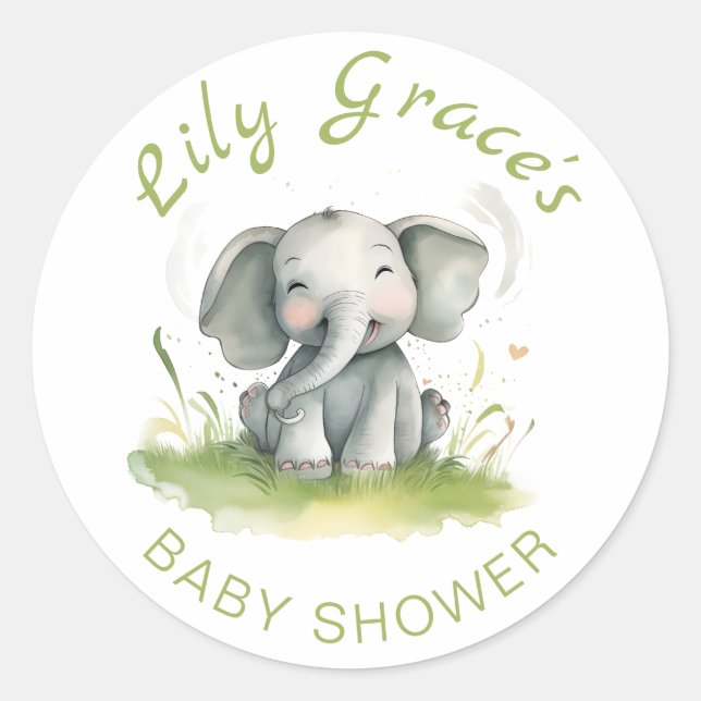 Elephant Themed Baby Shower Round Sticker (Front)
