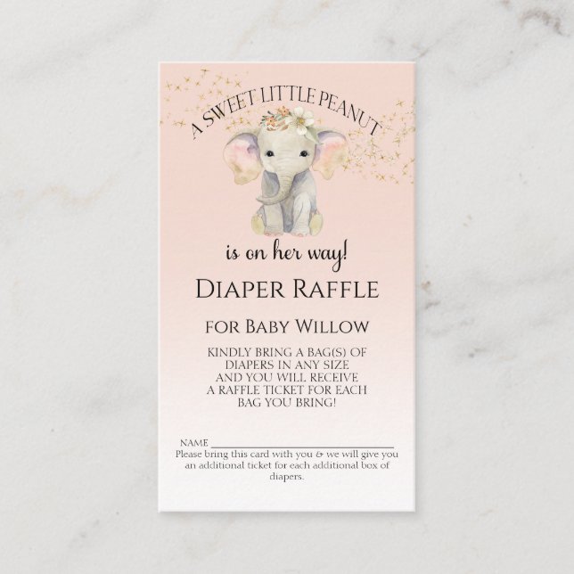 Elephant Themed Diaper Raffle Baby Girl Shower Business Card (Front)