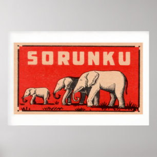 Elephant Three Elephants Vintage Matchbox Label Poster