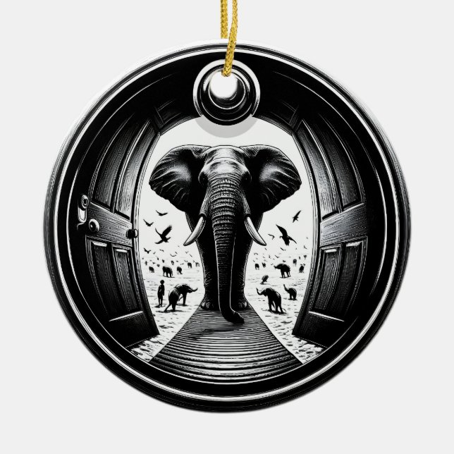 Elephant Through the Peephole Doorway | Fisheye Ceramic Ornament (Front)