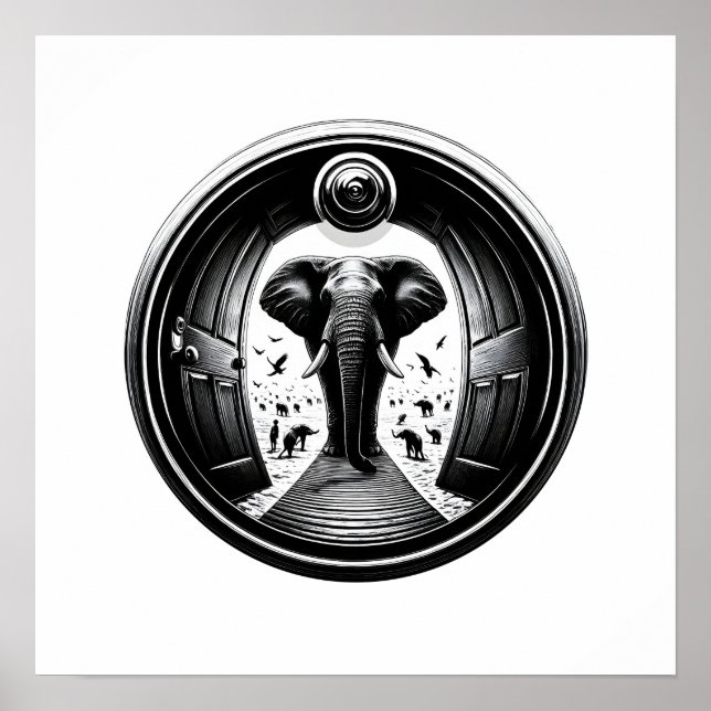 Elephant Through the Peephole Doorway | Fisheye Poster (Front)