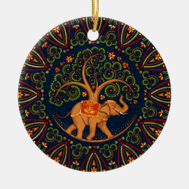 Elephant Tree of life in Mandala Ceramic Ornament (Front)