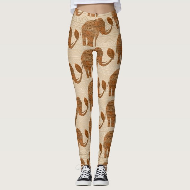 Elephant Tribal Art Design Leggings (Front)