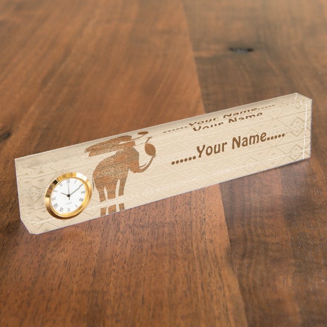 Elephant Tribal Art Desk Nameplate with Clock (Side)