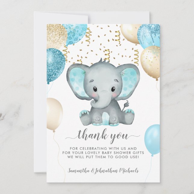 Elephant Turquiose Balloons Baby Shower Thank You Card (Front)