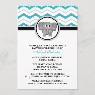 Elephant Turquoise Grey Chevron Baby Shower Invitation