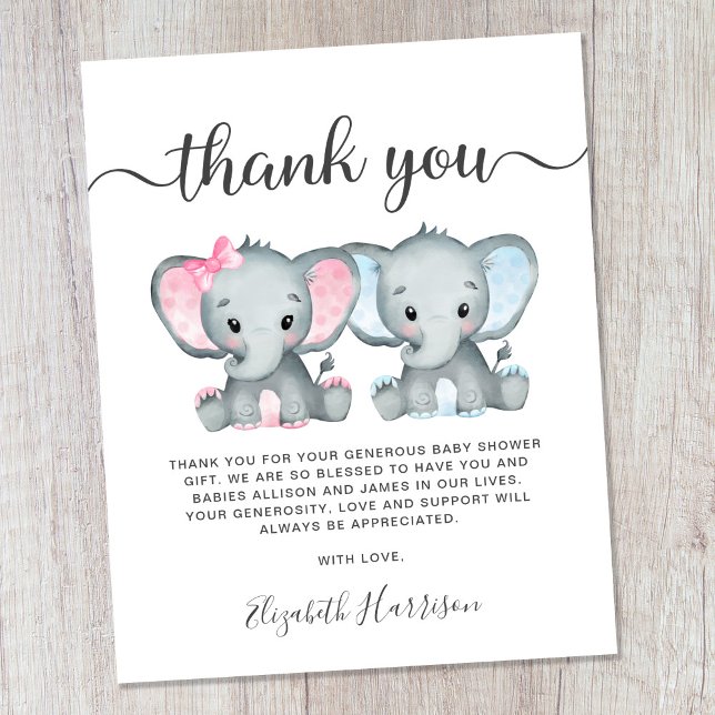 Elephant Twin Baby Girl Boy Shower Thank You Card (Creator Uploaded)