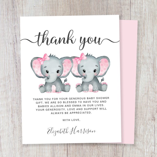 Elephant Twin Baby Girls Shower Thank You Card (Creator Uploaded)