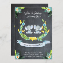 Elephant twin boy-boy Invitation,Floral,Baby 1st