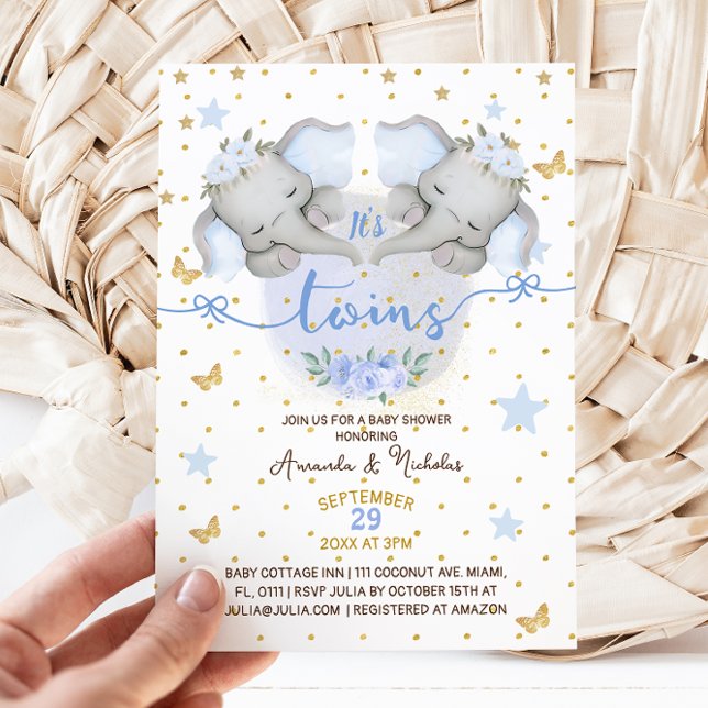 Elephant Twin Boys Baby Boy Shower Invitation (Creator Uploaded)