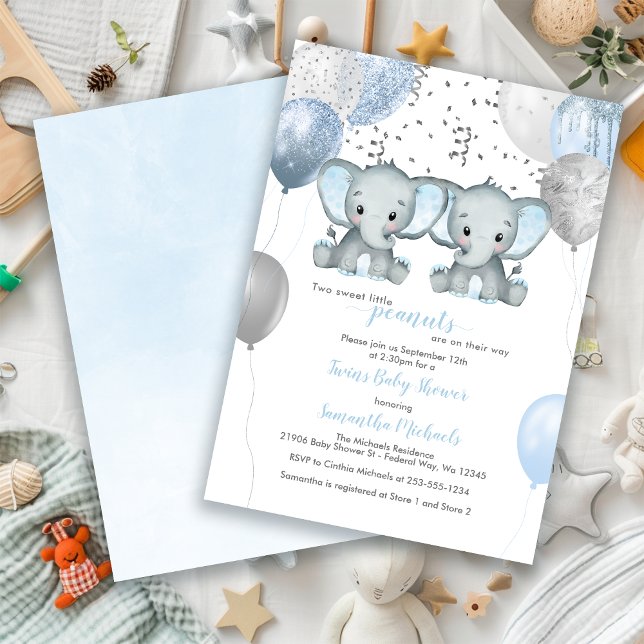 Elephant Twin Boys Balloon Baby Shower Invitation (Elephant Twin Boys Balloon Baby Shower Invitation)
