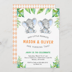 Elephant Twin Boys Birthday Little Peanuts Party Invitation