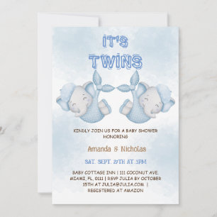 Elephant Twin Boys Dusty Blue Baby Shower Invitation