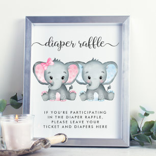 Elephant Twin Girl Boy Baby Shower Diaper Raffle Poster