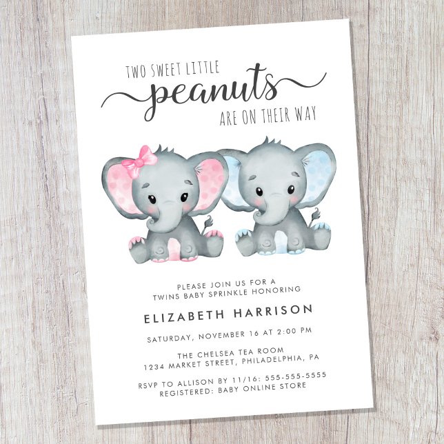 Elephant Twin Girl Boy Baby Sprinkle Invitation (Cute twin boy and girl baby sprinkle invitation)