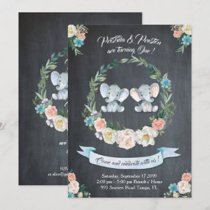 Elephant twin girl-boy Invitation, Floral,Baby 1st Invitation