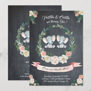 Elephant twin girl-girl Invitation,Floral,Baby 1st Invitation