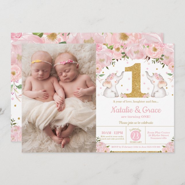 Elephant Twin Girls 1st Birthday Twins Photo Invitation (Front/Back)