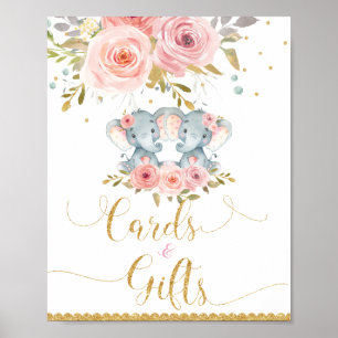 Elephant Twin Girls Baby Shower Cards & Gifts Sign